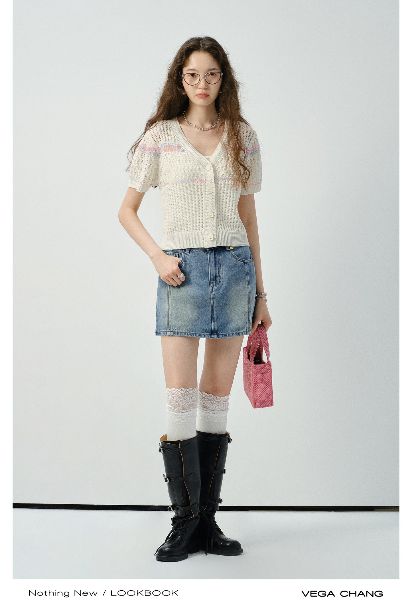 Short-Sleeved Lace-Knit Cardigan & Denim Skirt