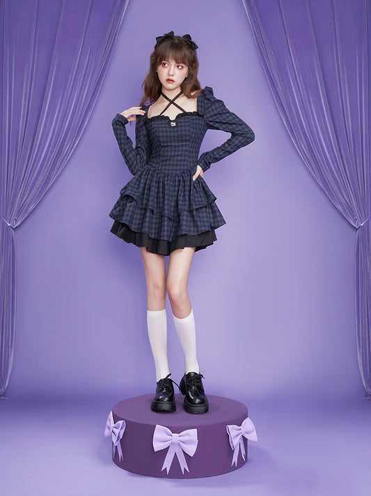 Gothic Lolita Plaid Corset Dress With Puff Sleeves