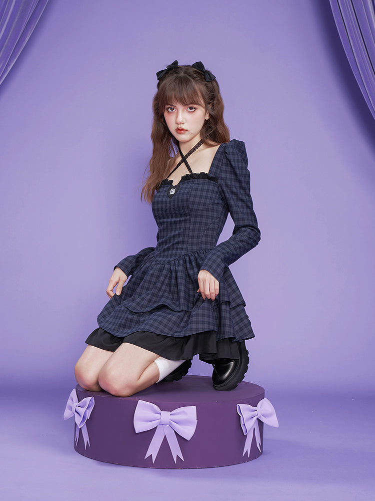 Gothic Lolita Plaid Corset Dress With Puff Sleeves