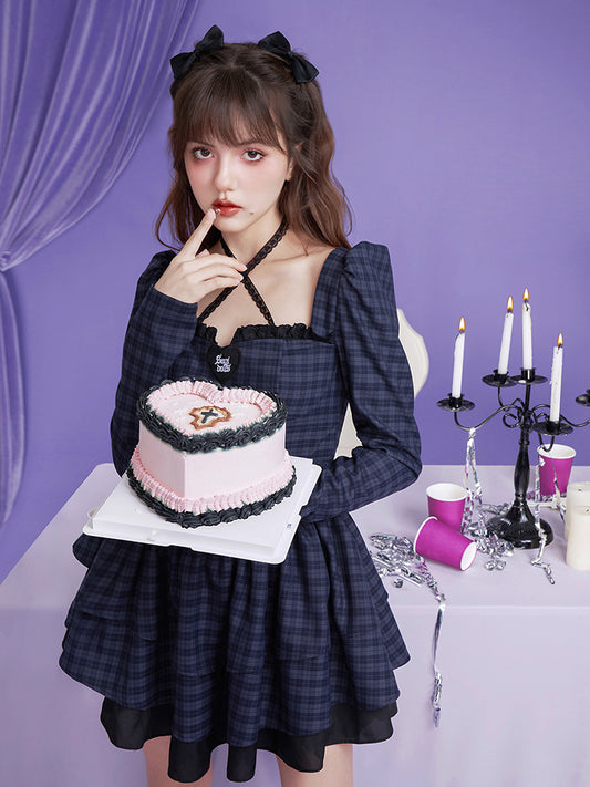 Gothic Lolita Plaid Corset Dress With Puff Sleeves