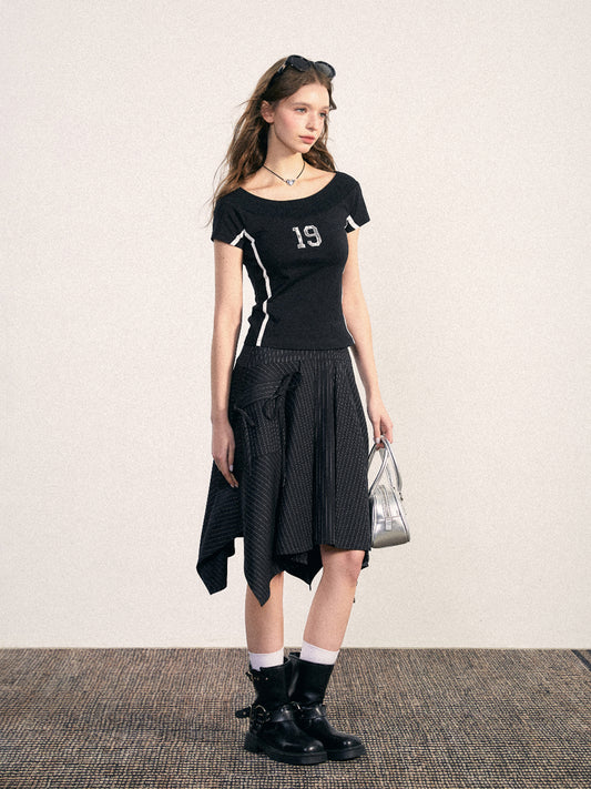 Asymmetrical Pinstripe Skirt With Ribbon Detail