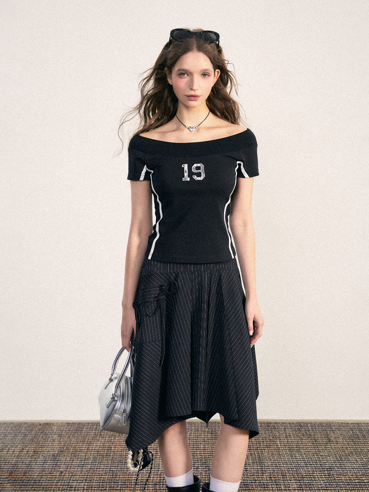 Asymmetrical Pinstripe Skirt With Ribbon Detail