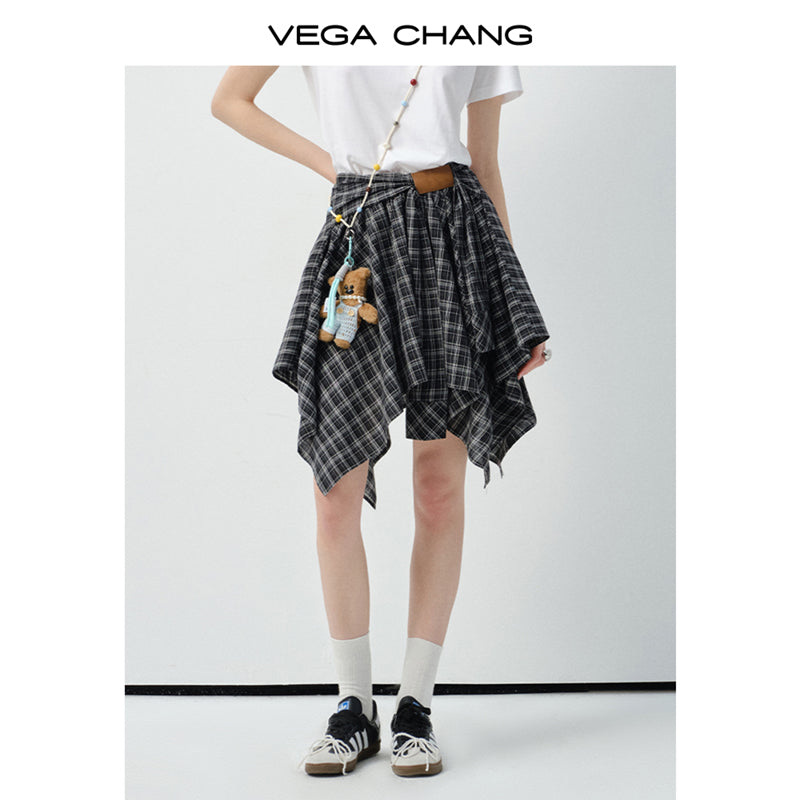 Flower Print T-Shirt And Asymmetrical Tartan Check Skirt