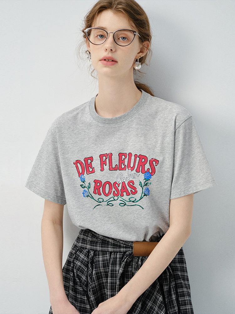 Flower Print T-Shirt And Asymmetrical Tartan Check Skirt