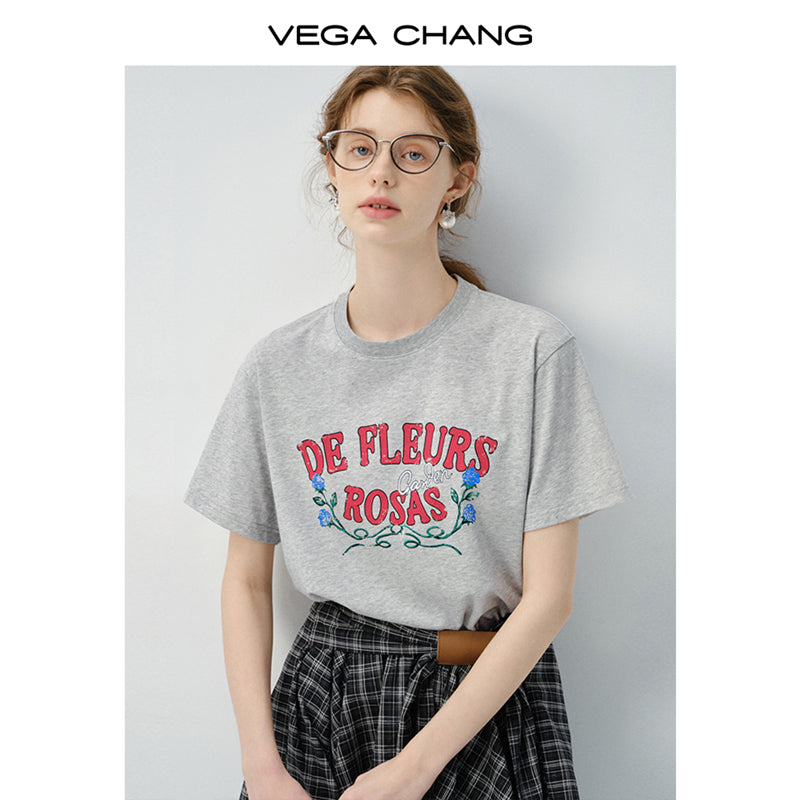 Flower Print T-Shirt And Asymmetrical Tartan Check Skirt