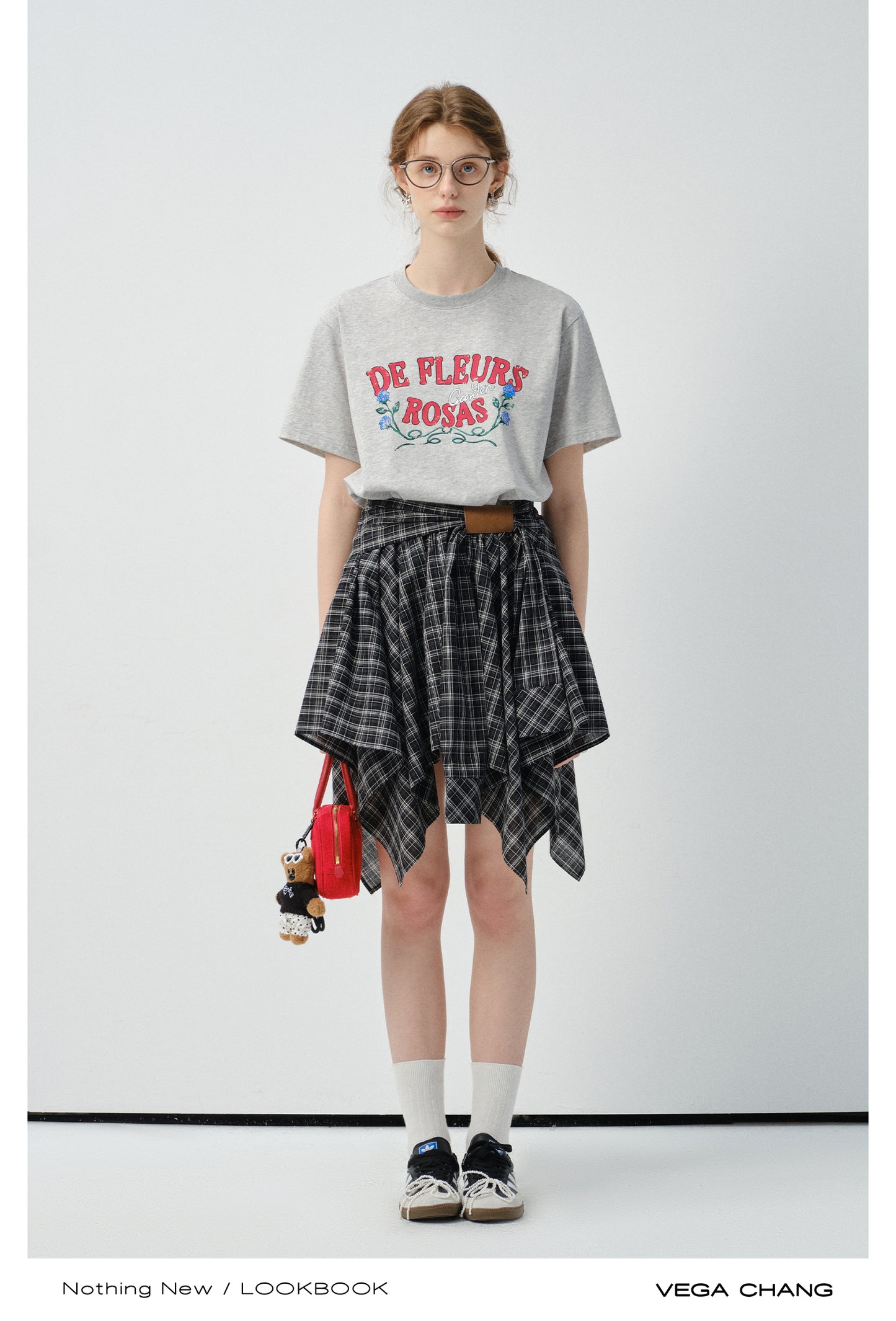 Flower Print T-Shirt And Asymmetrical Tartan Check Skirt