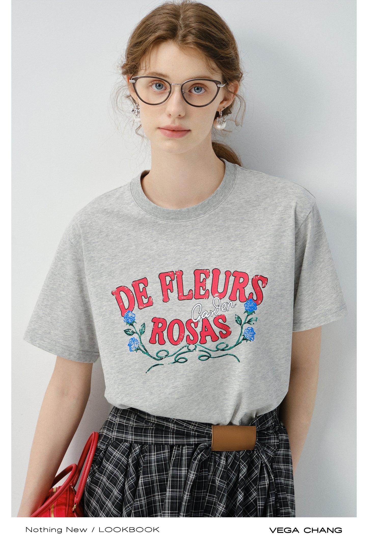 Flower Print T-Shirt And Asymmetrical Tartan Check Skirt