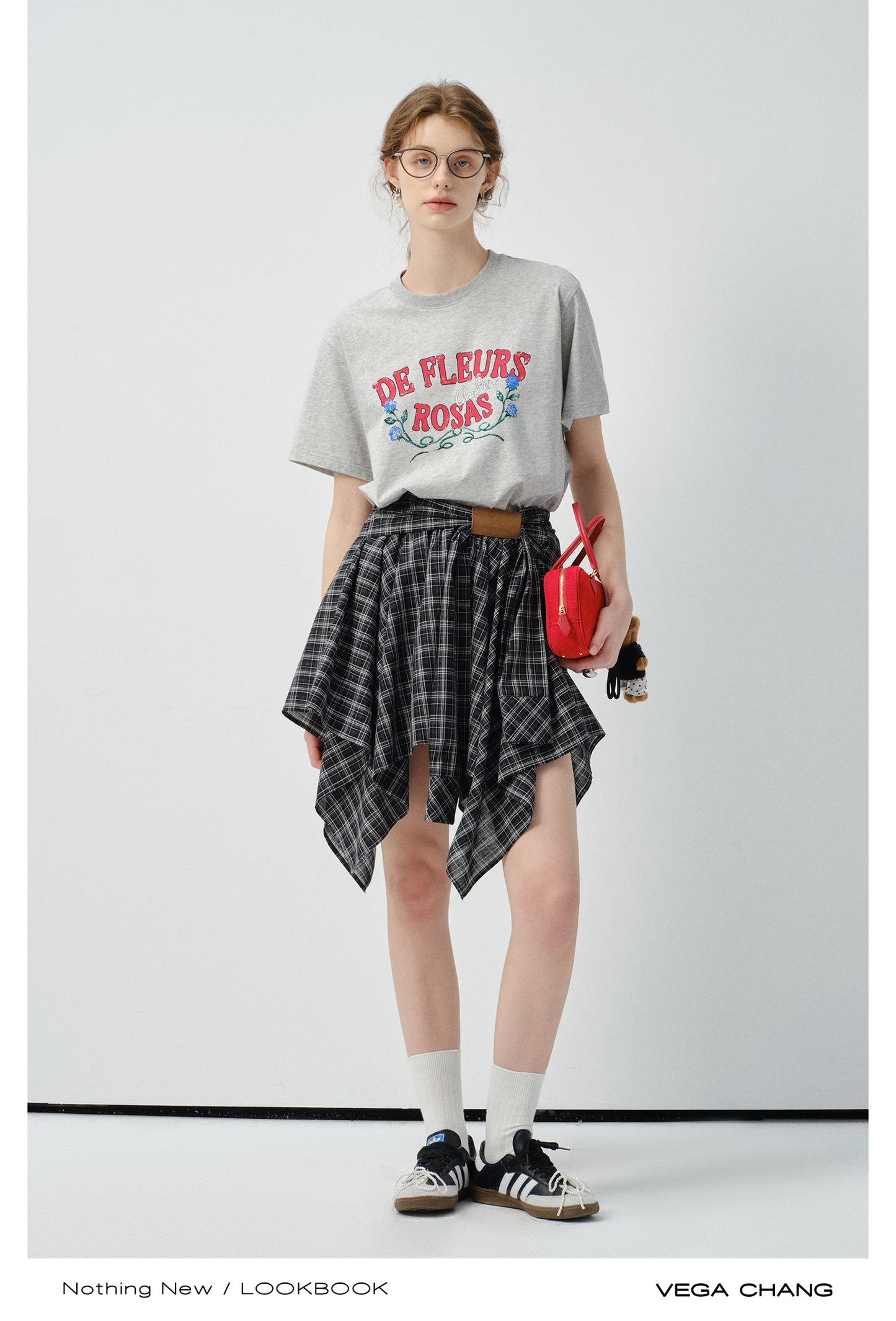 Flower Print T-Shirt And Asymmetrical Tartan Check Skirt