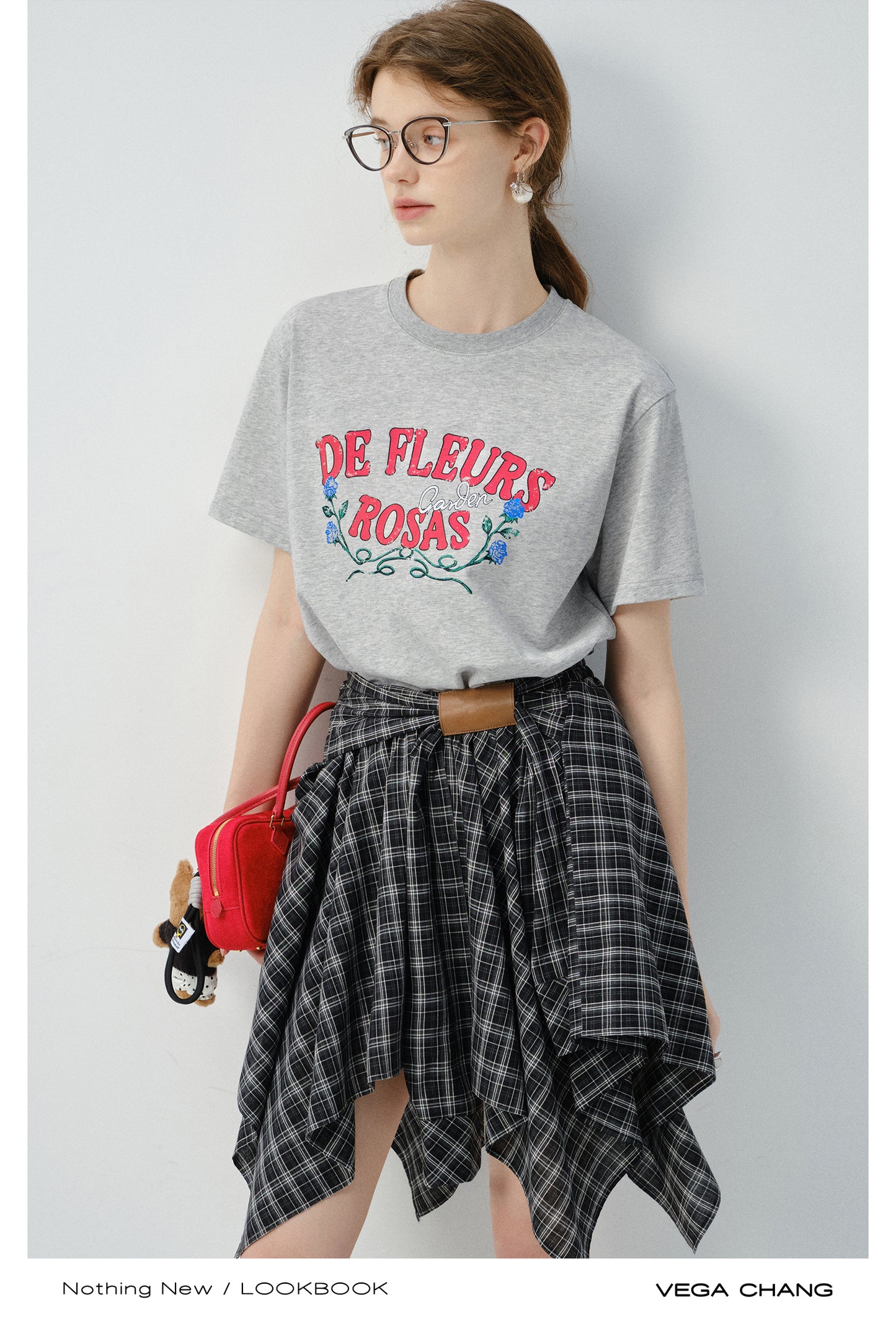 Flower Print T-Shirt And Asymmetrical Tartan Check Skirt