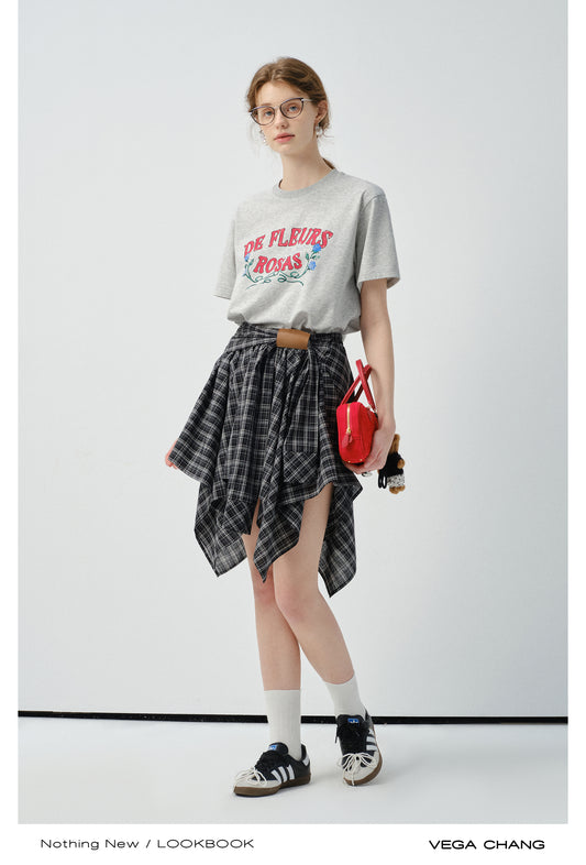 Flower Print T-Shirt And Asymmetrical Tartan Check Skirt