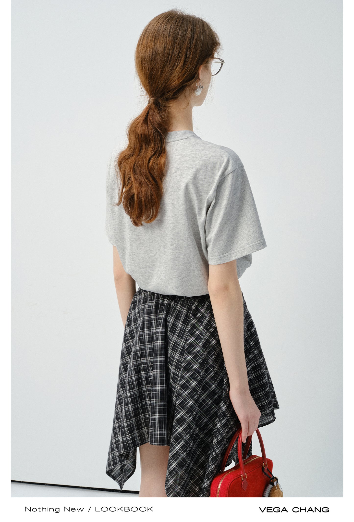 Flower Print T-Shirt And Asymmetrical Tartan Check Skirt