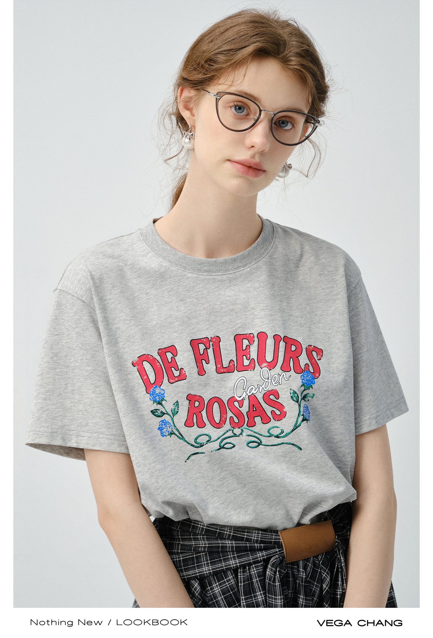 Flower Print T-Shirt And Asymmetrical Tartan Check Skirt