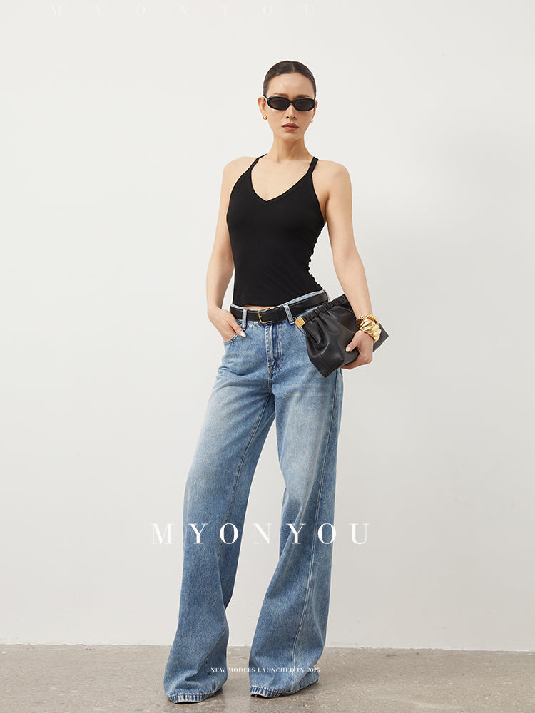 Floor-Length Vintage-Style Washed Jeans