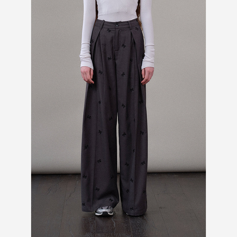 High-Waist Pleated Pants With Bow Motif