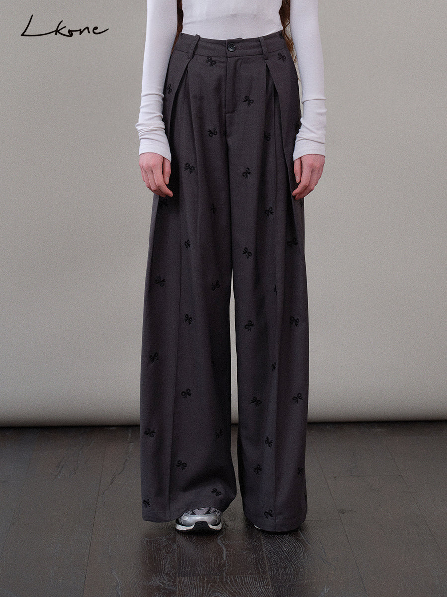 High-Waist Pleated Pants With Bow Motif