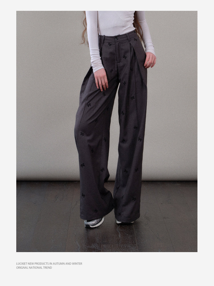High-Waist Pleated Pants With Bow Motif
