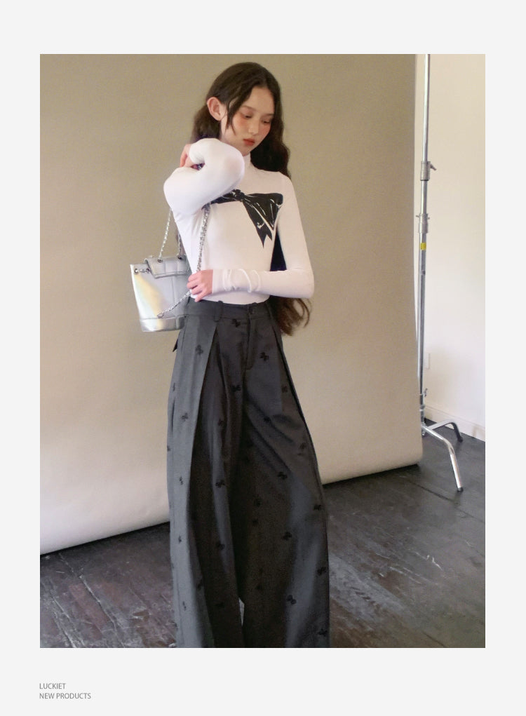 High-Waist Pleated Pants With Bow Motif