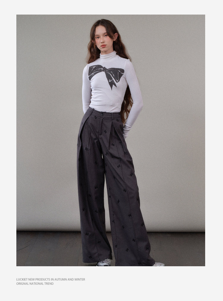 High-Waist Pleated Pants With Bow Motif