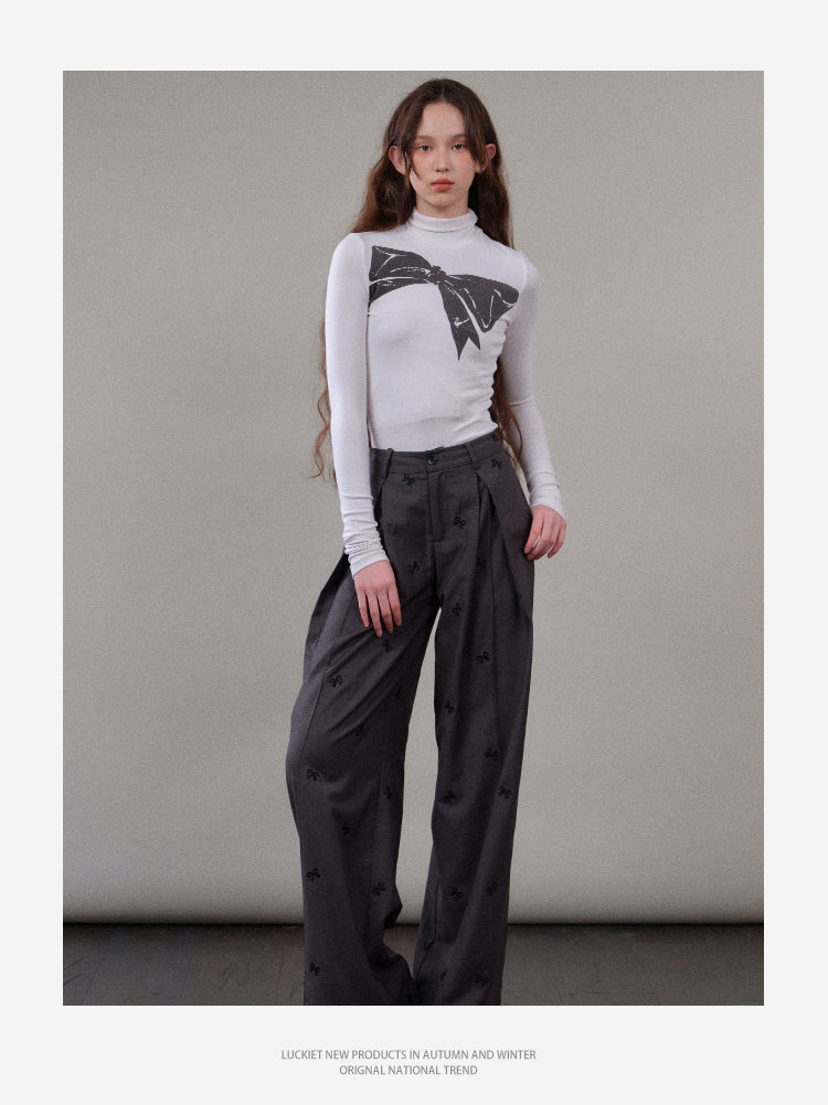 High-Waist Pleated Pants With Bow Motif