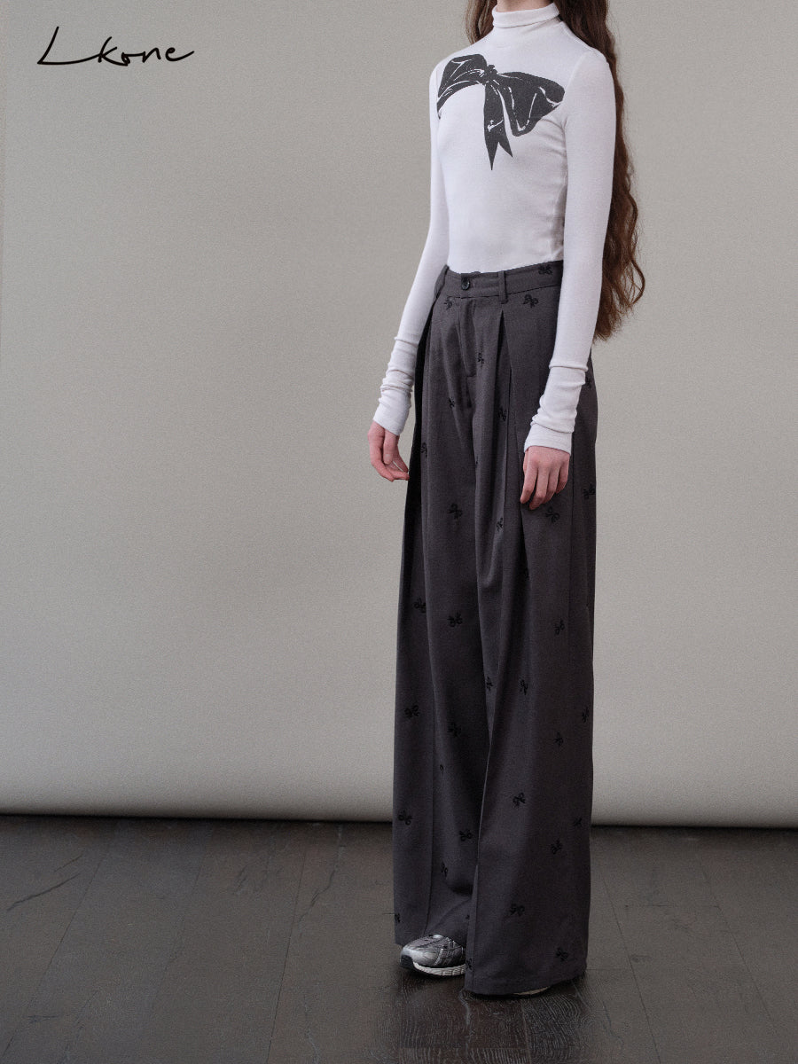 High-Waist Pleated Pants With Bow Motif