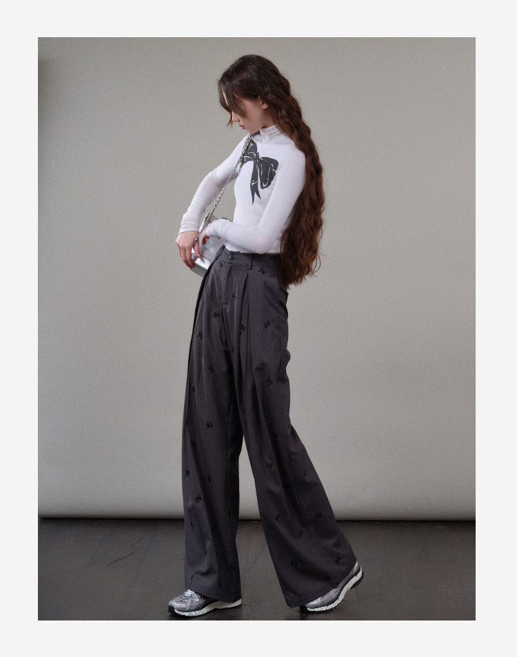 High-Waist Pleated Pants With Bow Motif
