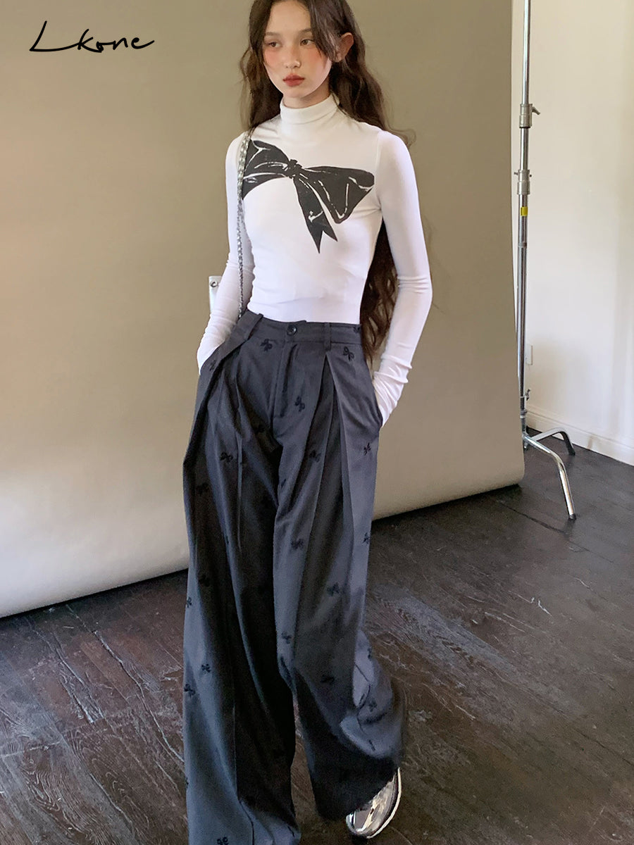 High-Waist Pleated Pants With Bow Motif