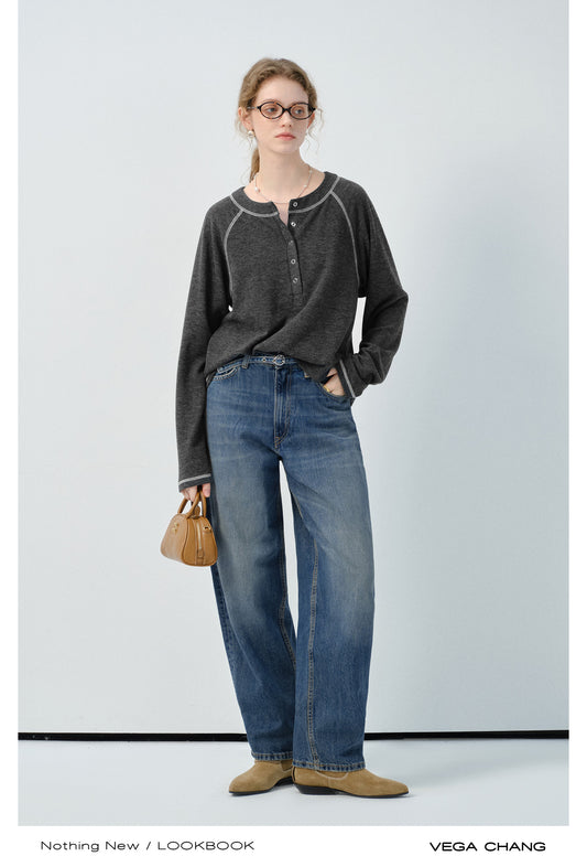 Henley Neck Contrast Stitch Long-Sleeved T-Shirt