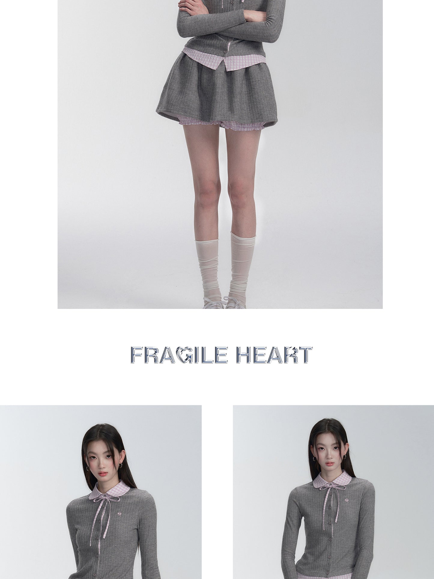 Seersucker Gingham Faux-Layered Knit Blouse And Skirt