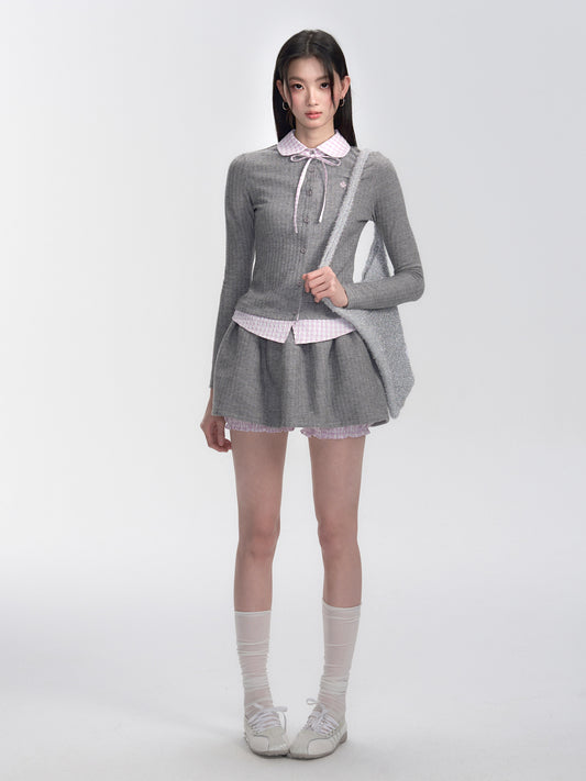 Seersucker Gingham Faux-Layered Knit Blouse And Skirt