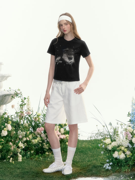 Dog Print T-Shirt With Rhinestone Detail