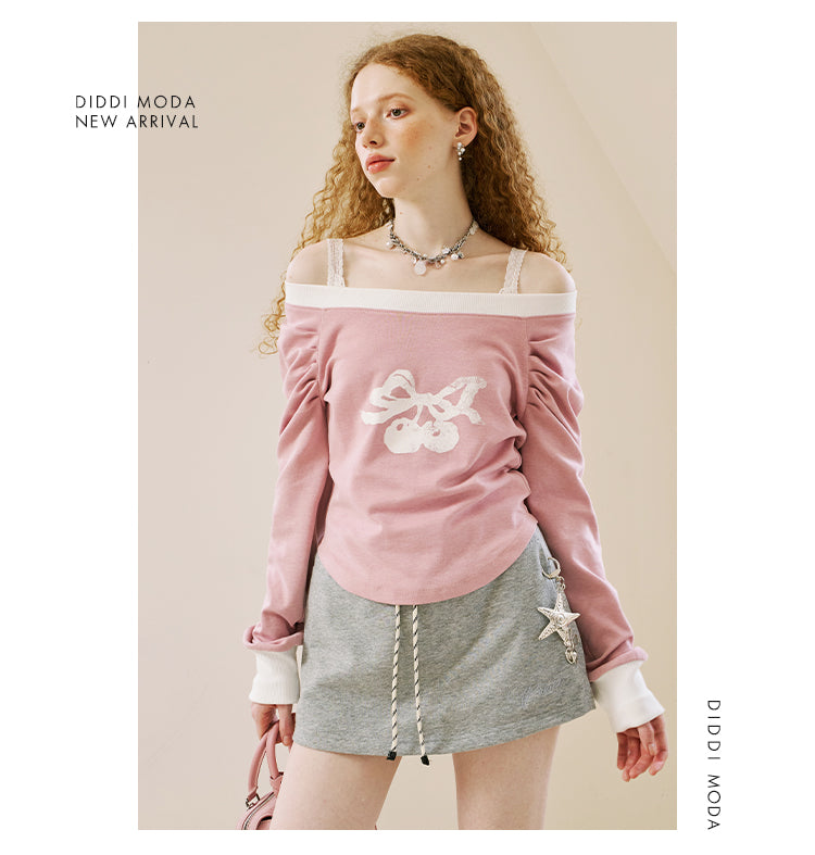 Cherry Motif 2-Way Shoulder Sweat Top