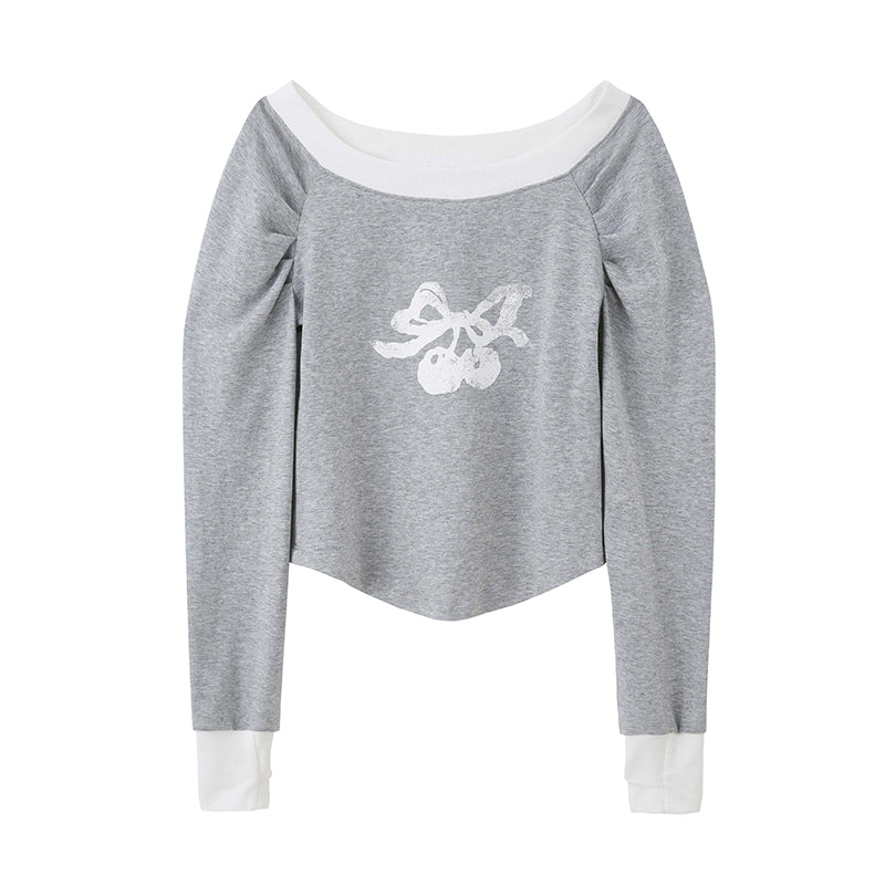 Cherry Motif 2-Way Shoulder Sweat Top