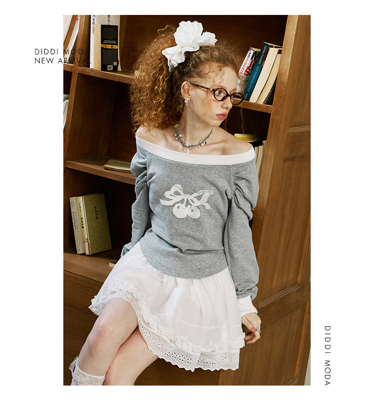 Cherry Motif 2-Way Shoulder Sweat Top