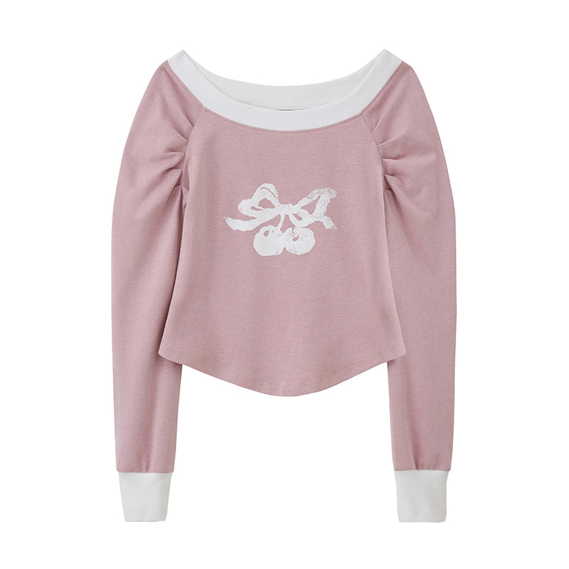 Cherry Motif 2-Way Shoulder Sweat Top