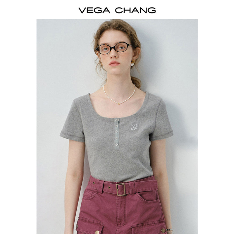 Scoop Neck Half-Button T-Shirt & Belted Cargo Skort