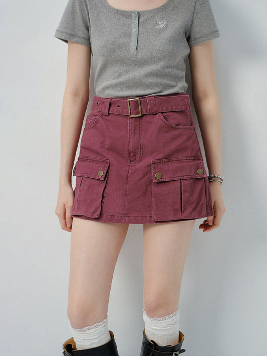 Scoop Neck Half-Button T-Shirt & Belted Cargo Skort