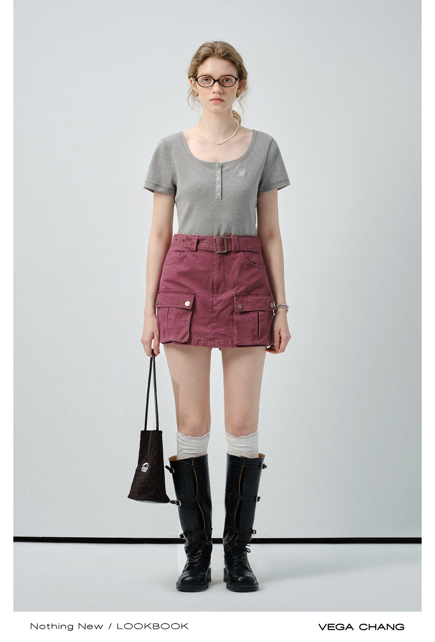 Scoop Neck Half-Button T-Shirt & Belted Cargo Skort