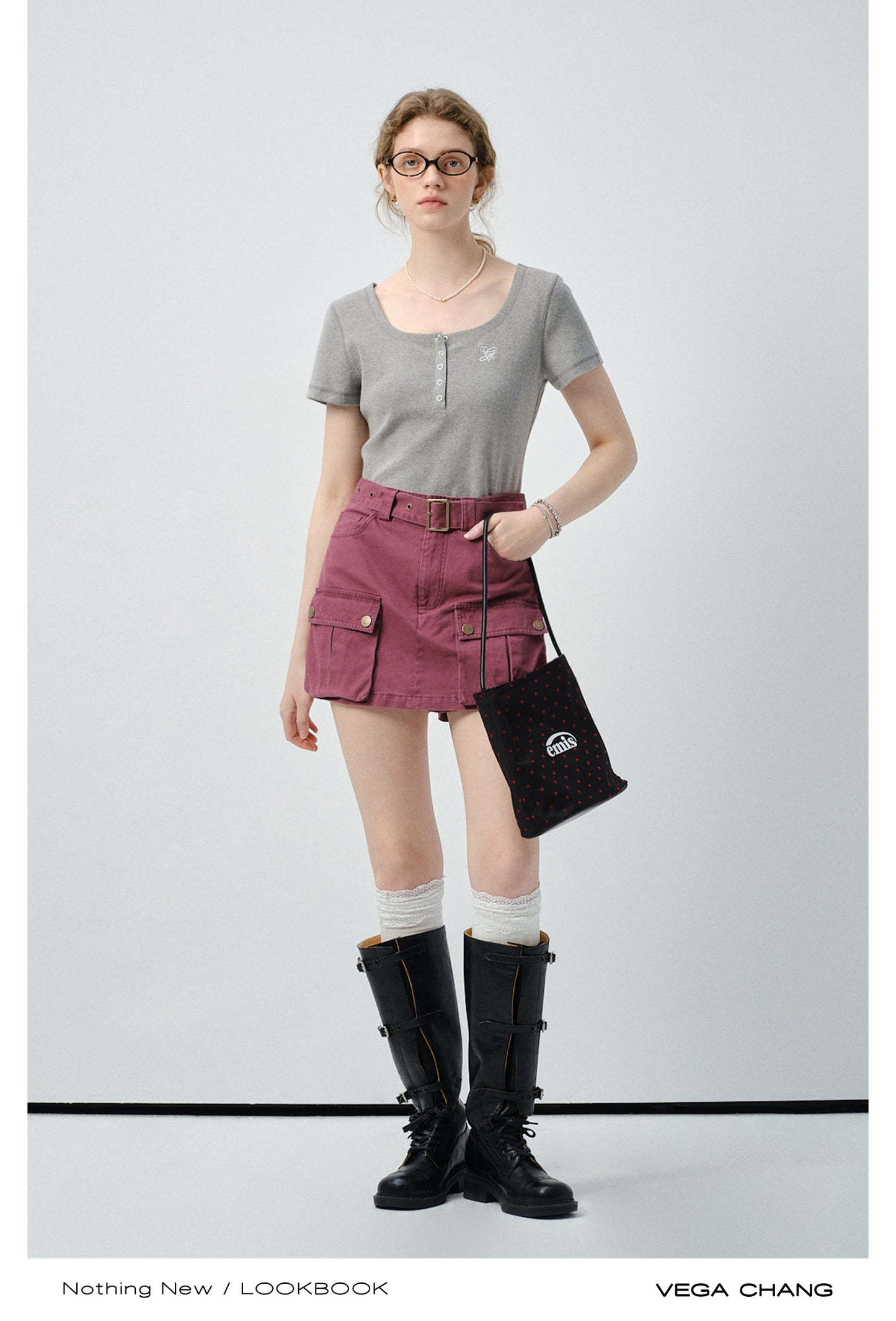 Scoop Neck Half-Button T-Shirt & Belted Cargo Skort