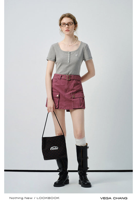 Scoop Neck Half-Button T-Shirt & Belted Cargo Skort
