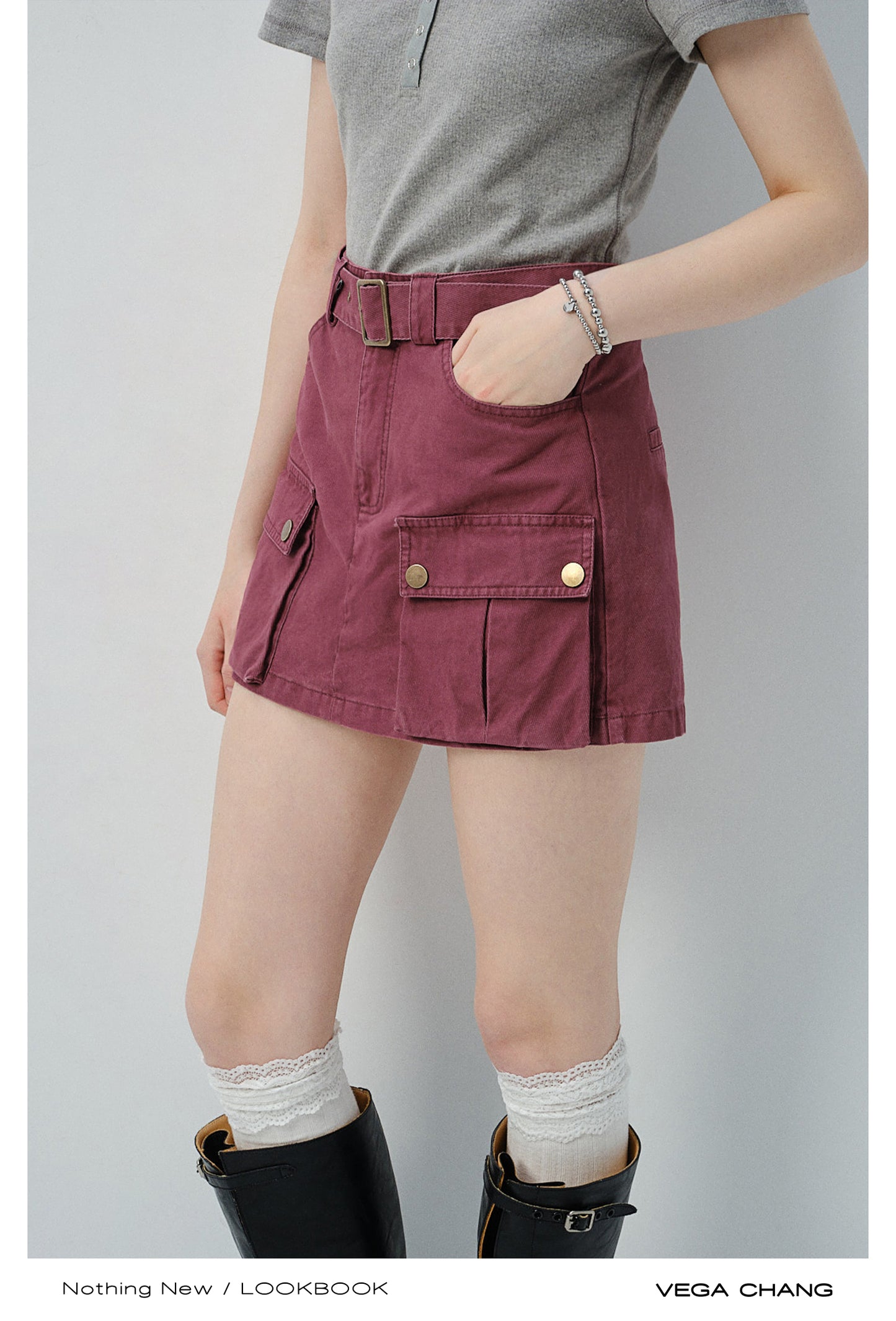 Scoop Neck Half-Button T-Shirt & Belted Cargo Skort