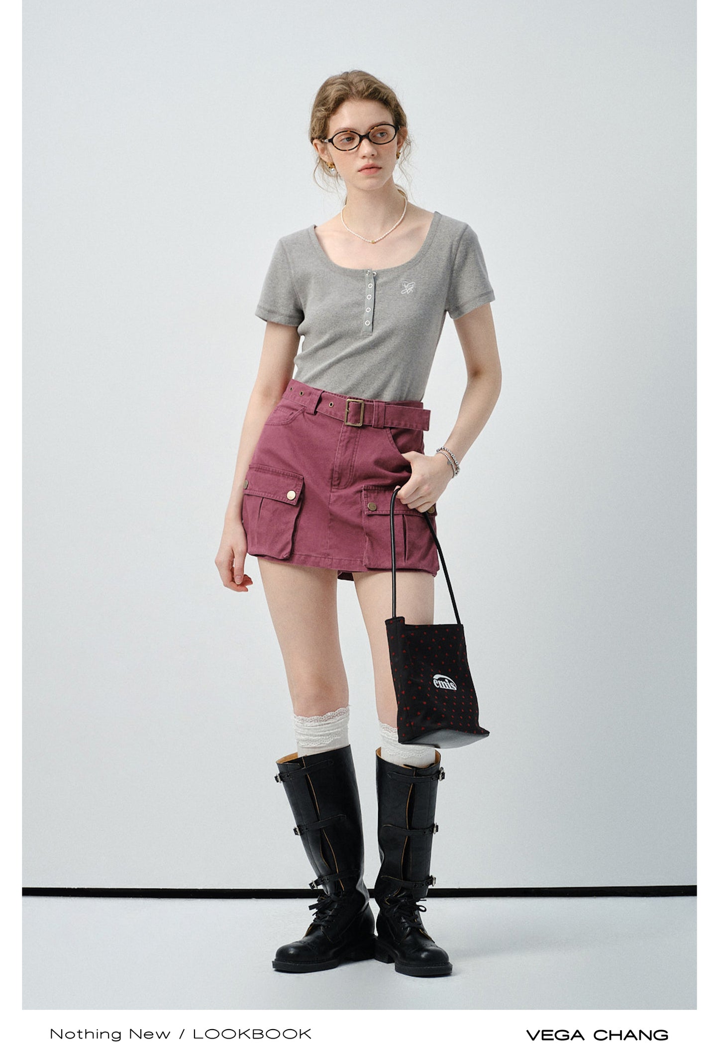 Scoop Neck Half-Button T-Shirt & Belted Cargo Skort