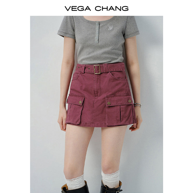 Scoop Neck Half-Button T-Shirt & Belted Cargo Skort