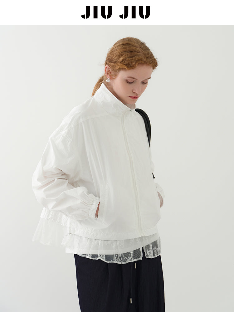 Stand Collar Lace Hem Jacket In Lyocell Blend