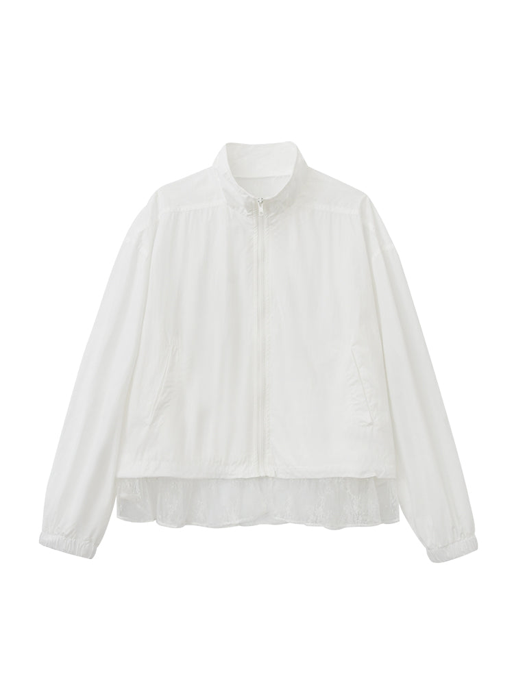 Stand Collar Lace Hem Jacket In Lyocell Blend