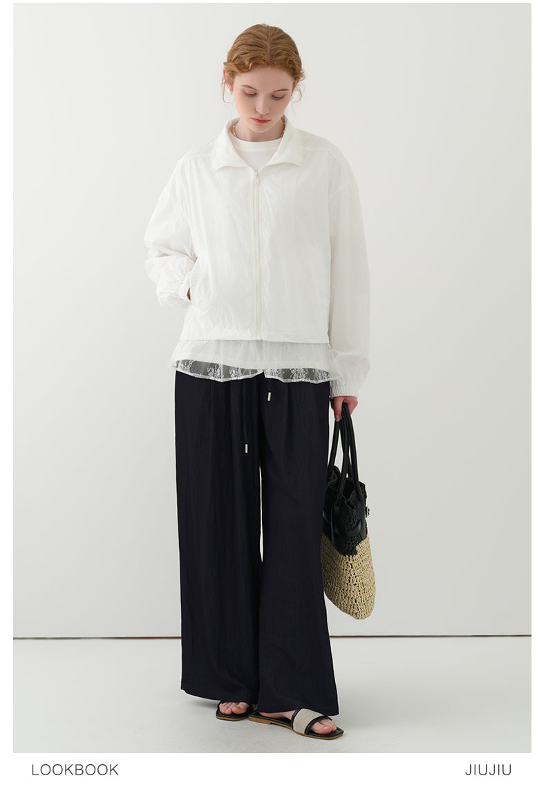 Stand Collar Lace Hem Jacket In Lyocell Blend