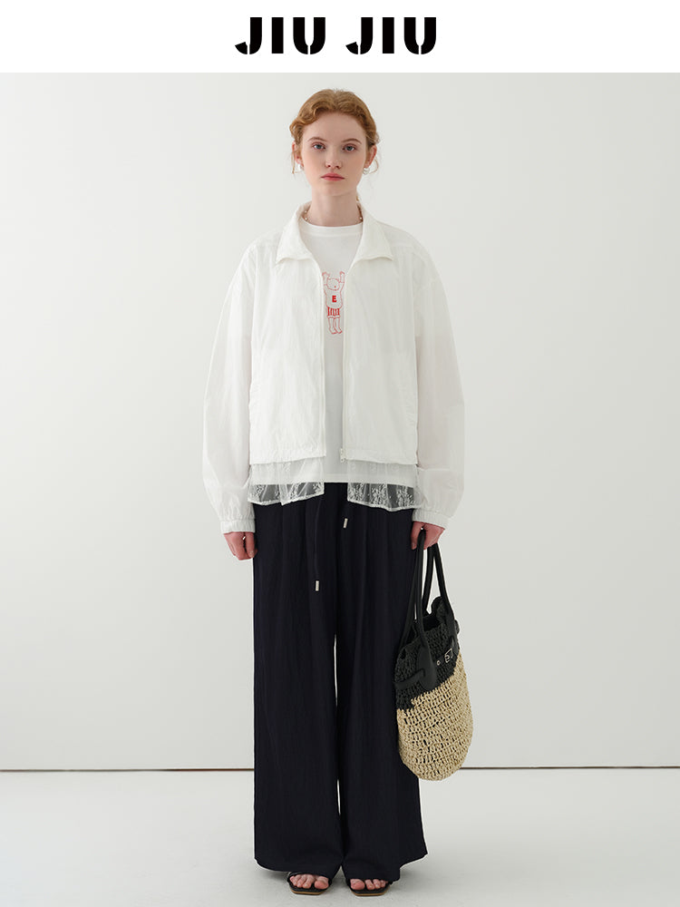 Stand Collar Lace Hem Jacket In Lyocell Blend