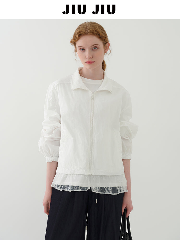 Stand Collar Lace Hem Jacket In Lyocell Blend