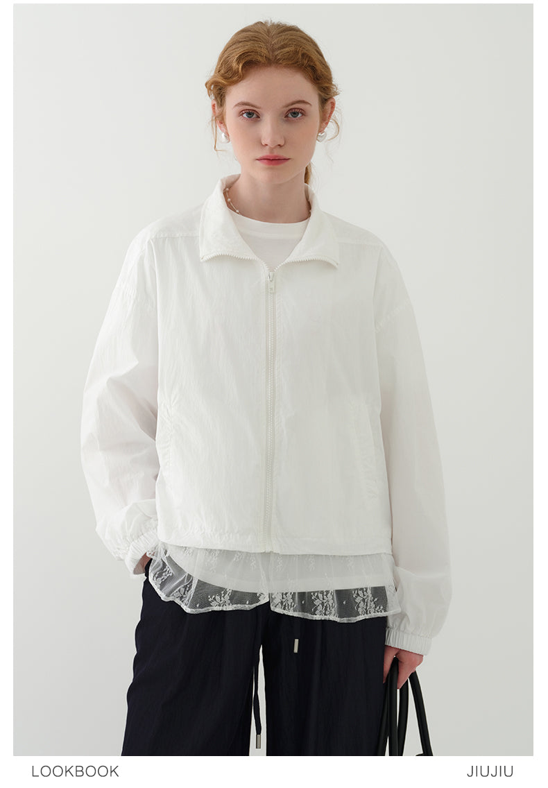 Stand Collar Lace Hem Jacket In Lyocell Blend