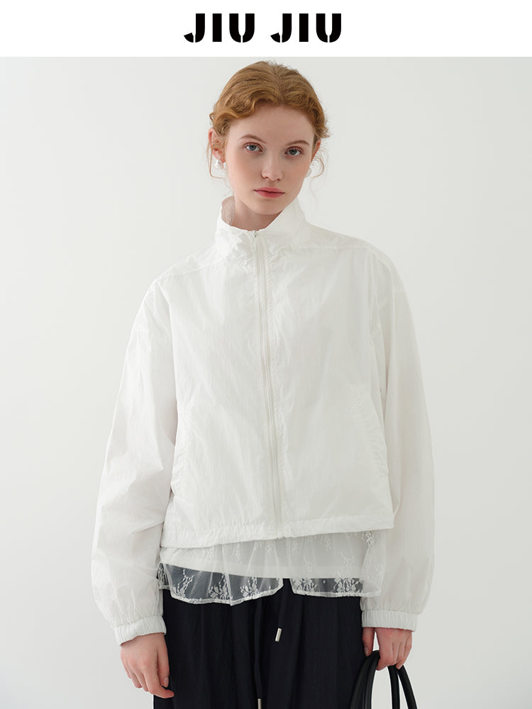 Stand Collar Lace Hem Jacket In Lyocell Blend