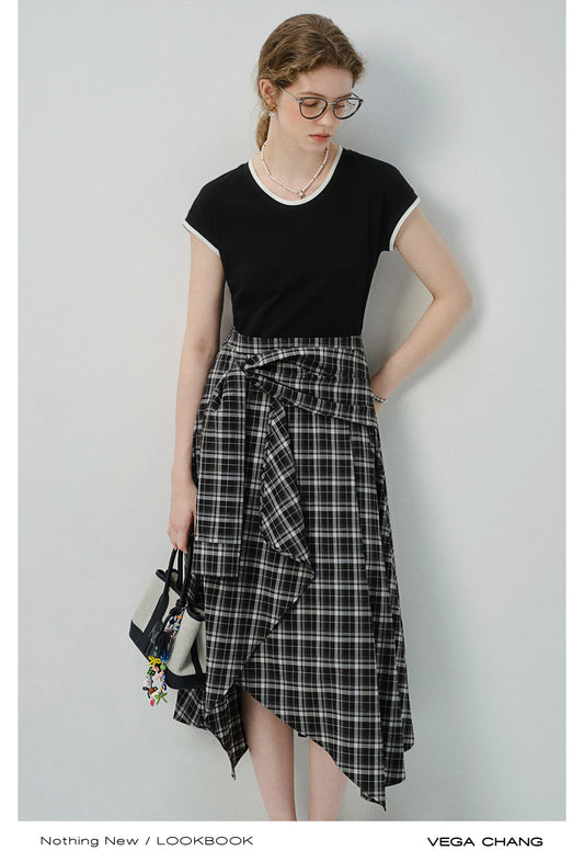 Asymmetric Plaid Faux Two-Piece T-Shirt Dress